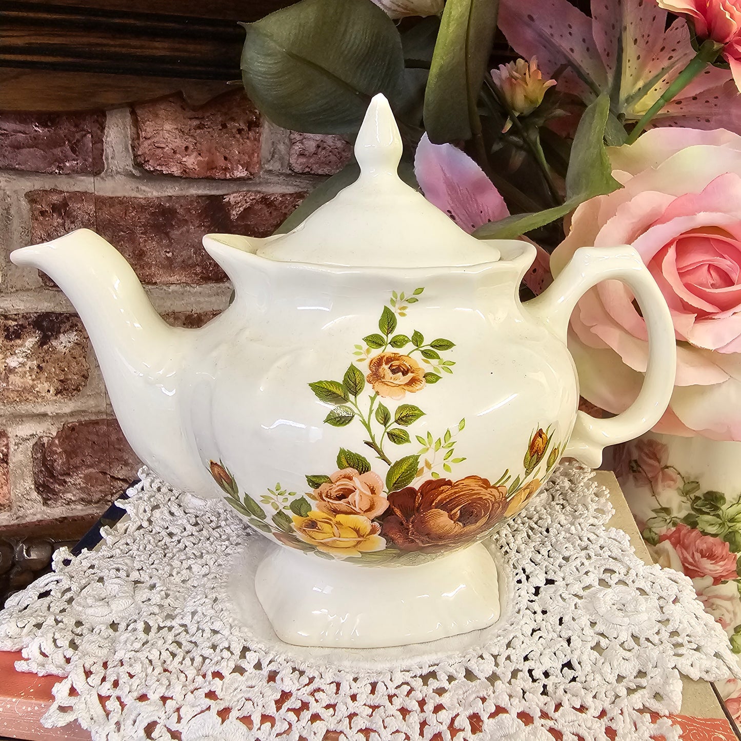 Vintage Mini Teapot ~ Orange, Red & Peach Roses