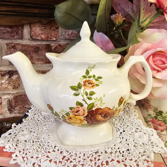 Vintage Mini Teapot ~ Orange, Red & Peach Roses
