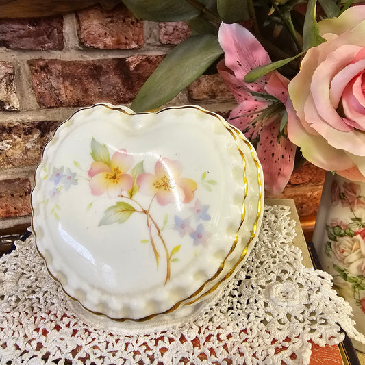 Vintage Heart-Shaped Trinket Box ~ Pale Pink & Yellow Floral Design