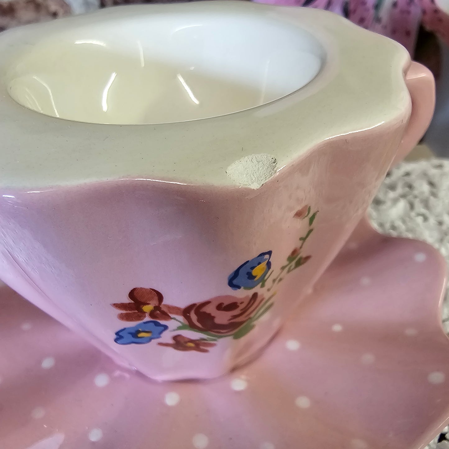 Pre-loved Teacup & Saucer Tealight Holder (Pink Polka Dot & Rose Detail)