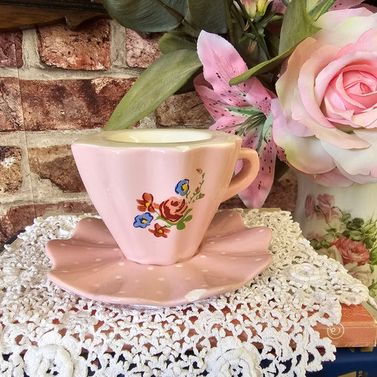 Pre-loved Teacup & Saucer Tealight Holder (Pink Polka Dot & Rose Detail)