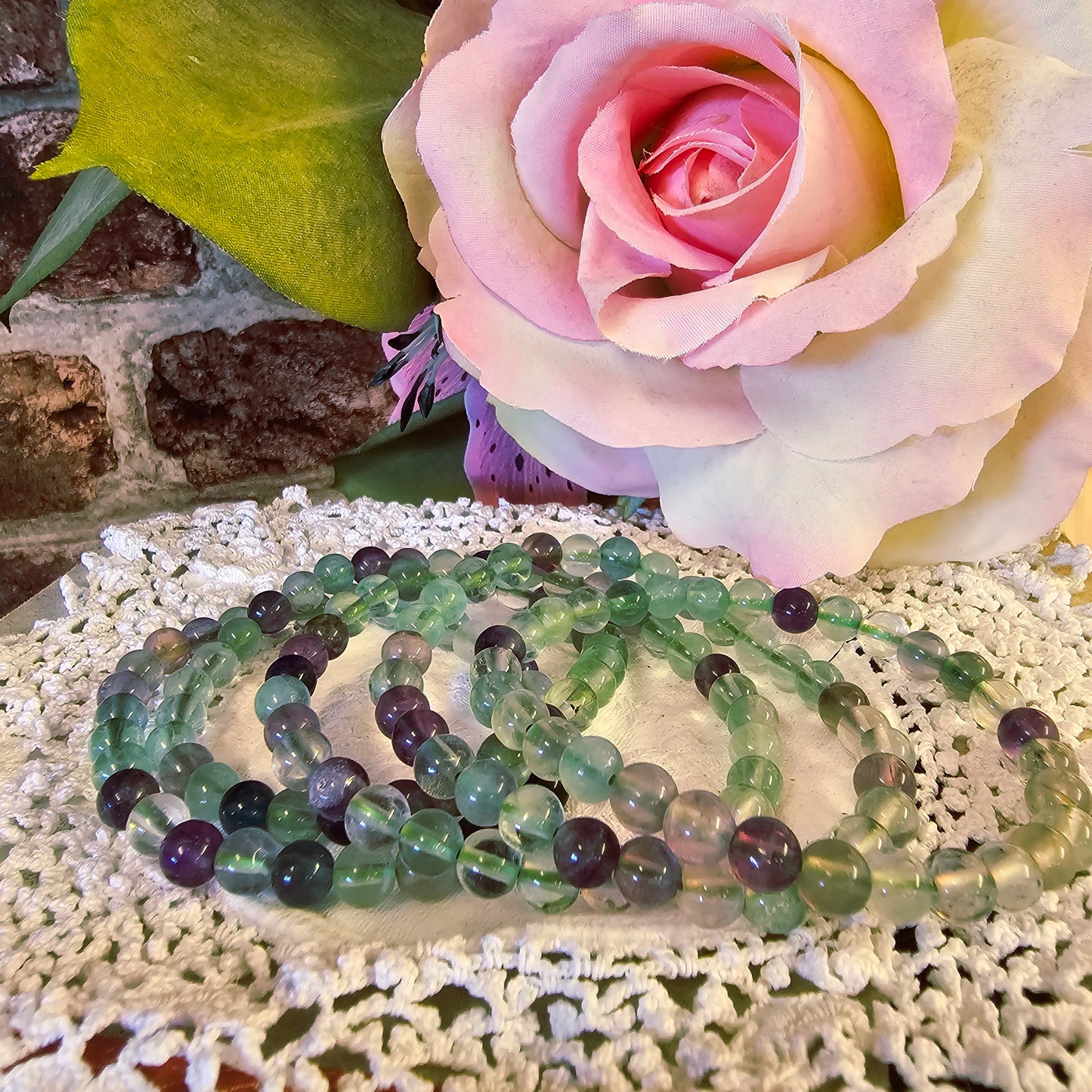Fluorite, Green Moonstone & Hemimorphite bracelets